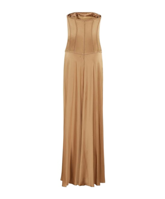 Alberta Ferretti Bustier Satin Dress With Pleated Skirt In Brown