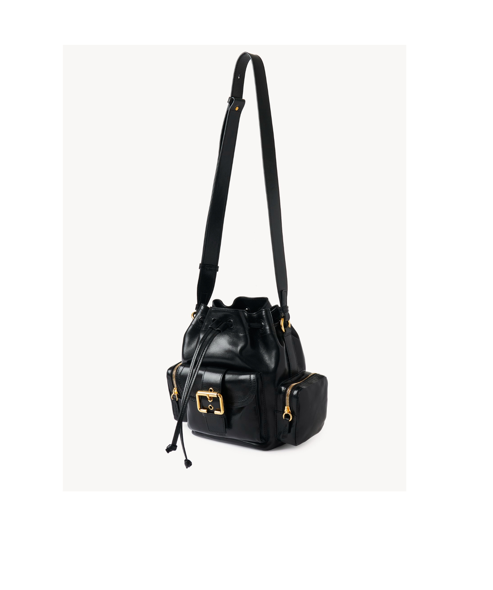 Chloé Camera Bucket Crossbody Bag In Shiny Calfskin In Black
