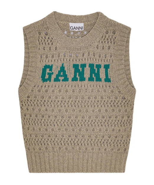 Ganni Perforated Vest With Logo Inlay In Nude