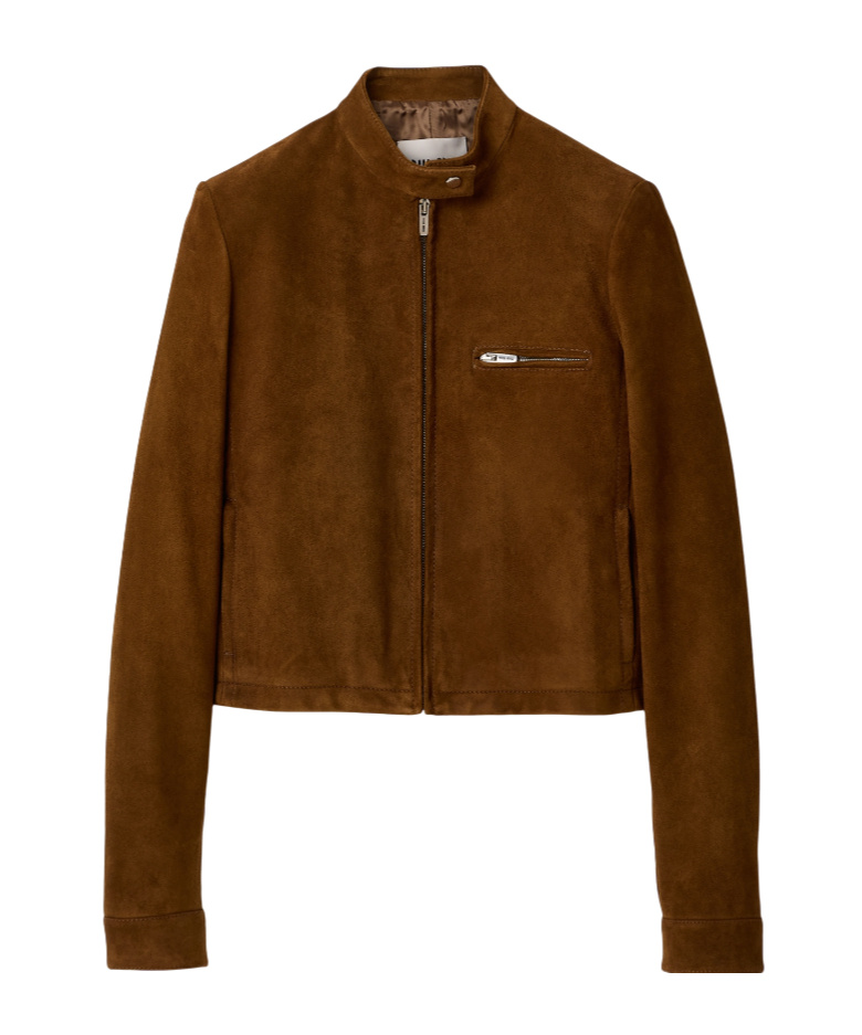 Miu Miu Long Sleeve Zip Up Jacket With Collar In Brown