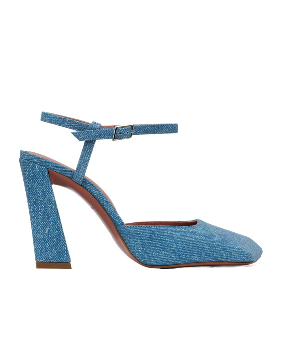 Shop Amina Muaddi Suede Printed Denim Heel Sandals In Blue