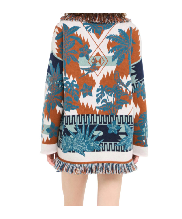 Alanui Long Floral Cardigan With Fringe Shawl Collar In Brown