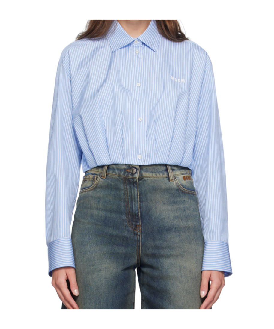 Msgm Logo-embroidered Striped Cropped Shirt In Blue