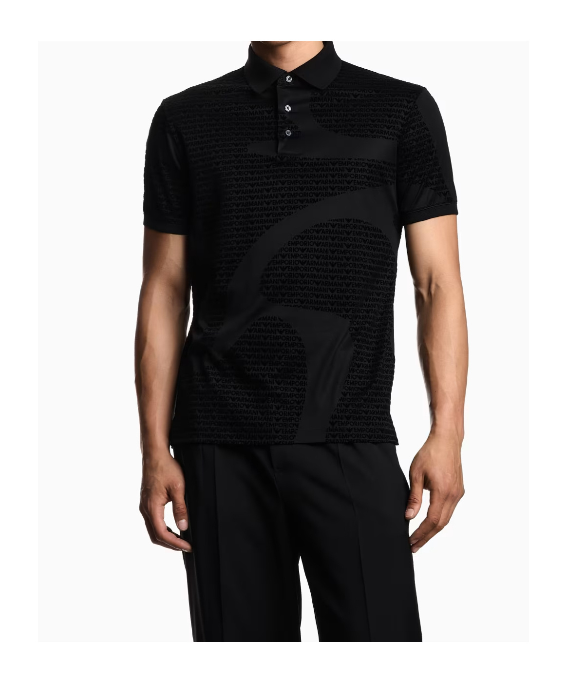 Emporio Armani Asv Lyocell-blend Jersey Polo Shirt With All-over Flocked Logo In Black