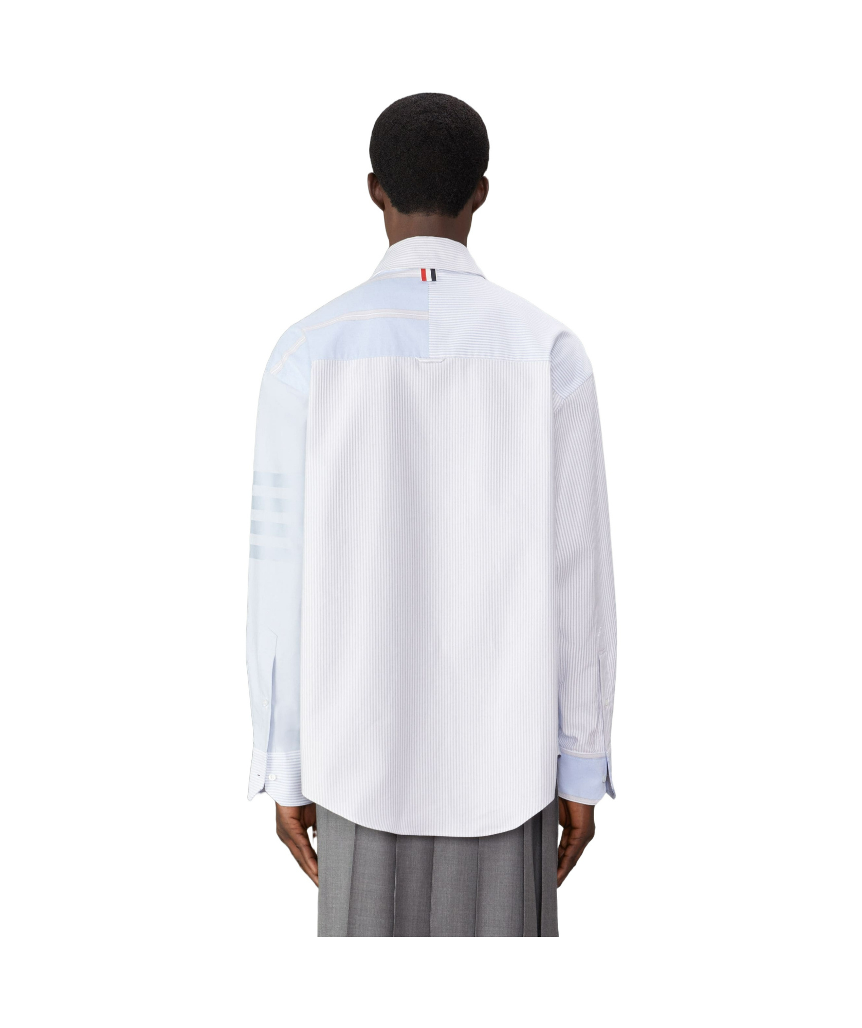THOM BROWNE STRIPED PATCHWORK COTTON SHIRT