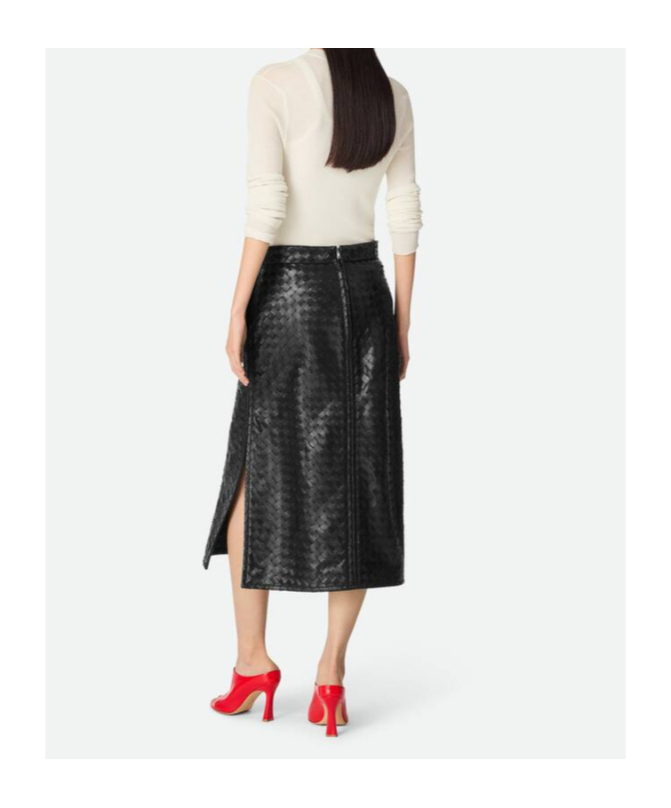 Bottega Veneta Womens Black Intrecciato Two-slip-pockets Leather Midi Skirt In Black
