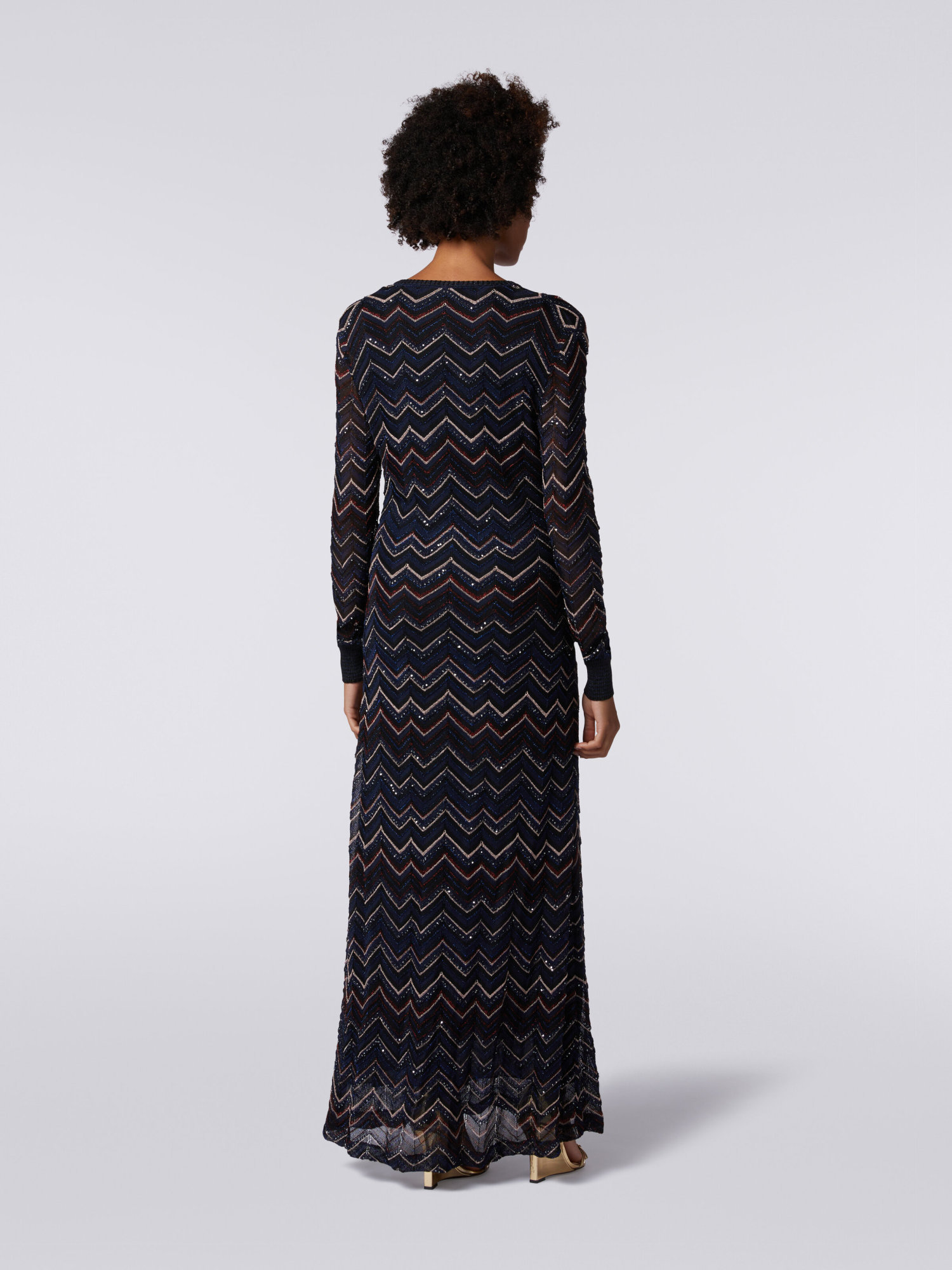 Missoni Sparkly Sequin Long Sleeve Shimmer Chevron Knit Maxi Dress In Black