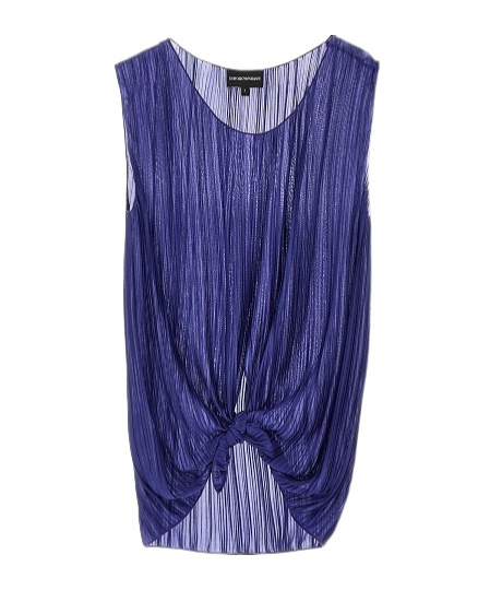Emporio Armani Pleated Sheer Knotted Sleeveless Top In Blue