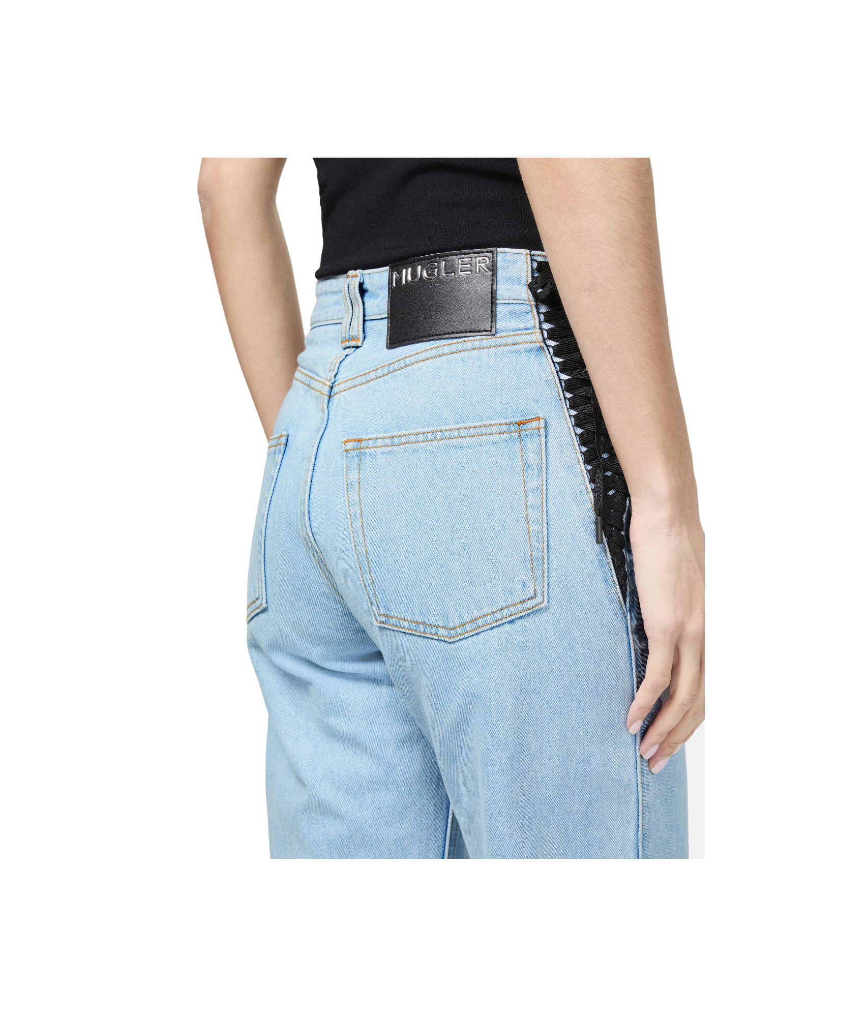 Mugler Lace-up Detail Denim Trousers With Back Pockets In Blue