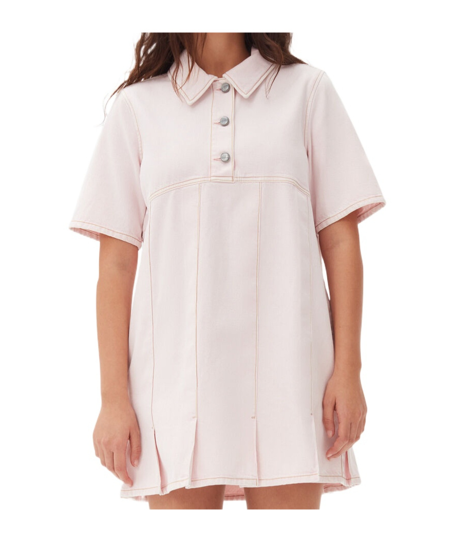 Ganni Pleat-hem Denim Mini Dress In Pink