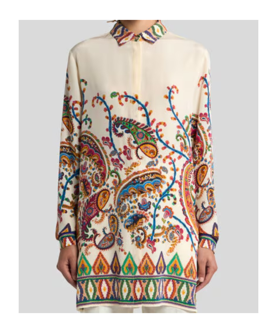 Etro Long Silk Shirt With Placed Floral Paisley Print In Multi