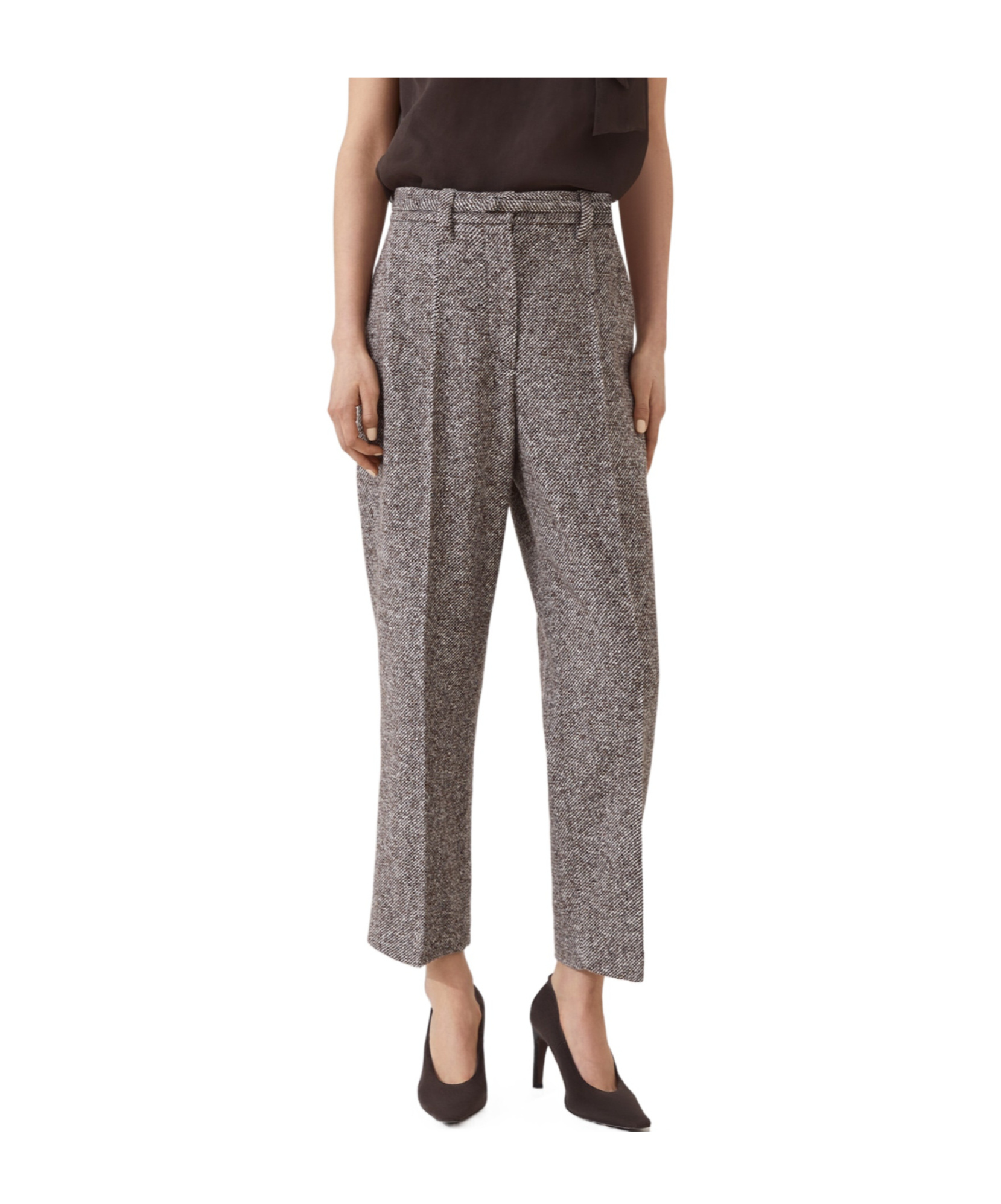Brunello Cucinelli Techno Virgin Wool And Silk Mélange Diagonal Straight Cropped Trousers With Monili In Brown