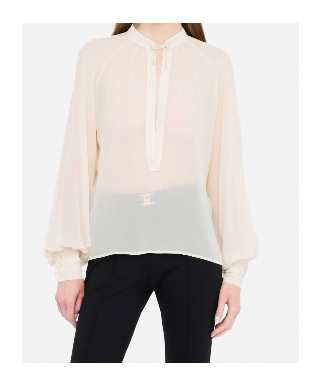 Liu •jo Bow Collar Button Charm Keyhole Pleated Sheer In White