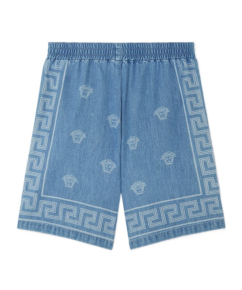 Versace Medusa Bandana Denim Shorts In Blue