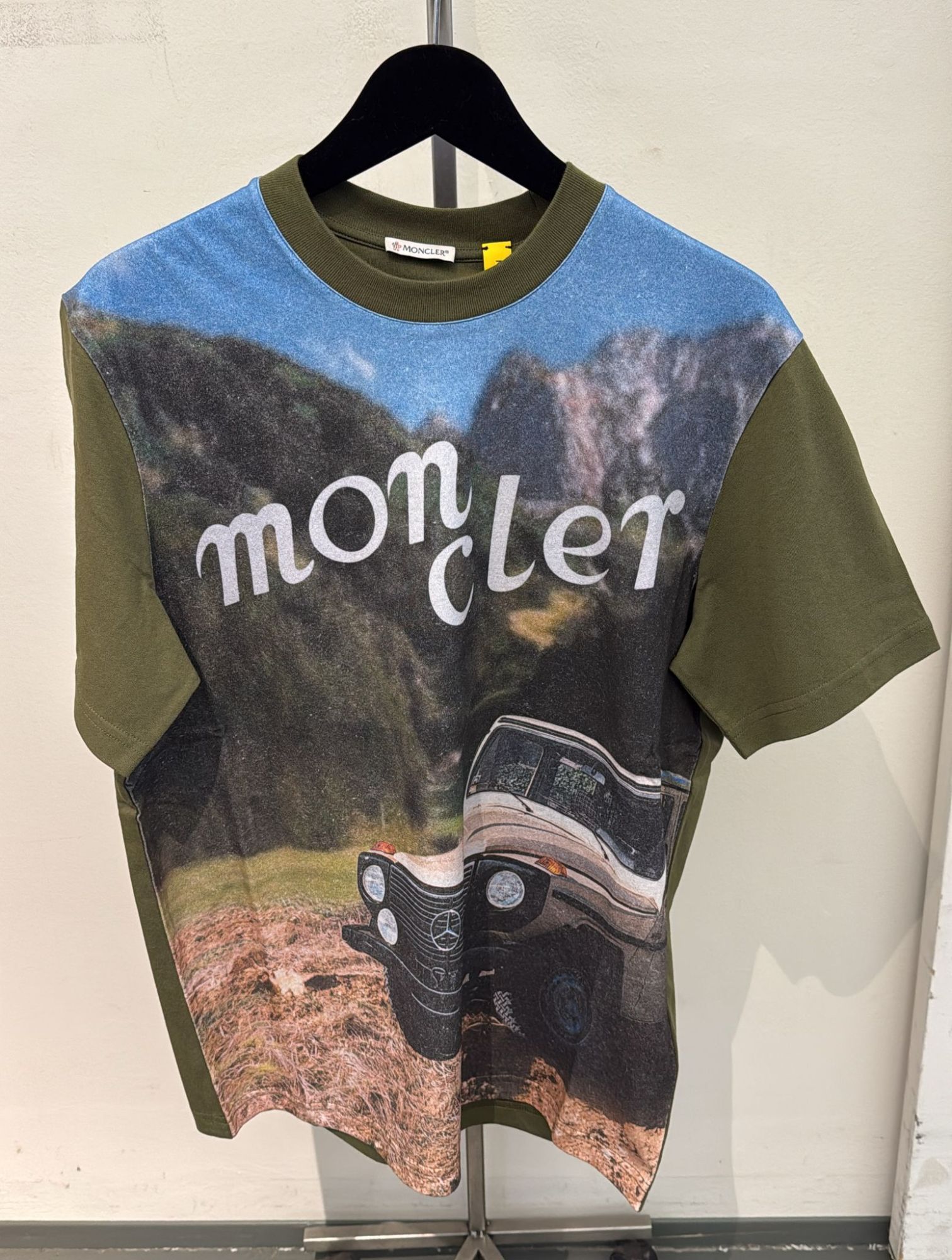 Moncler Turquoise Short Sleeve Tee Featuring Iconic Mercedes-benz Print In Black