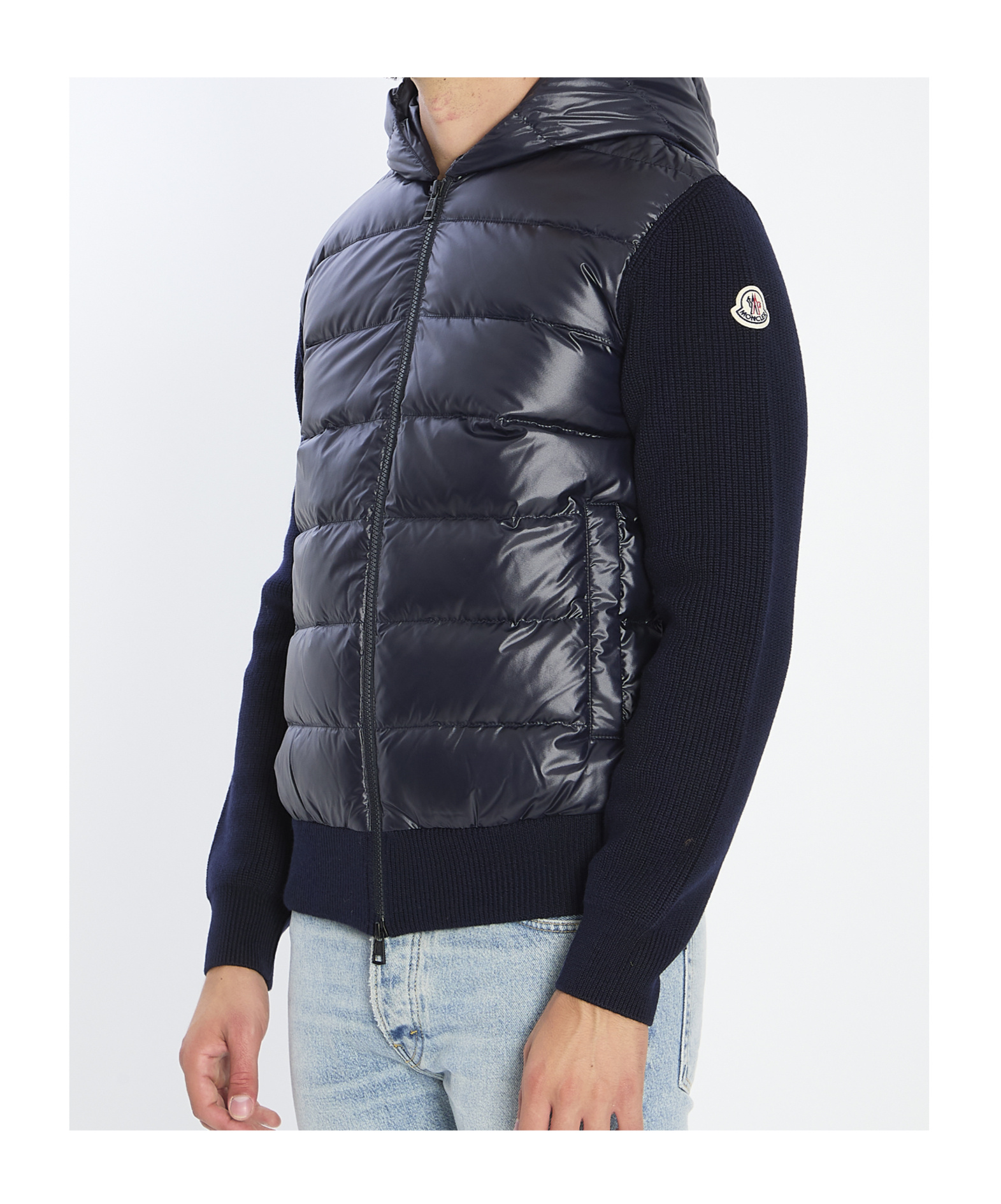 Moncler Hooded Quilted Front Cardigan Knitwear In Blue
