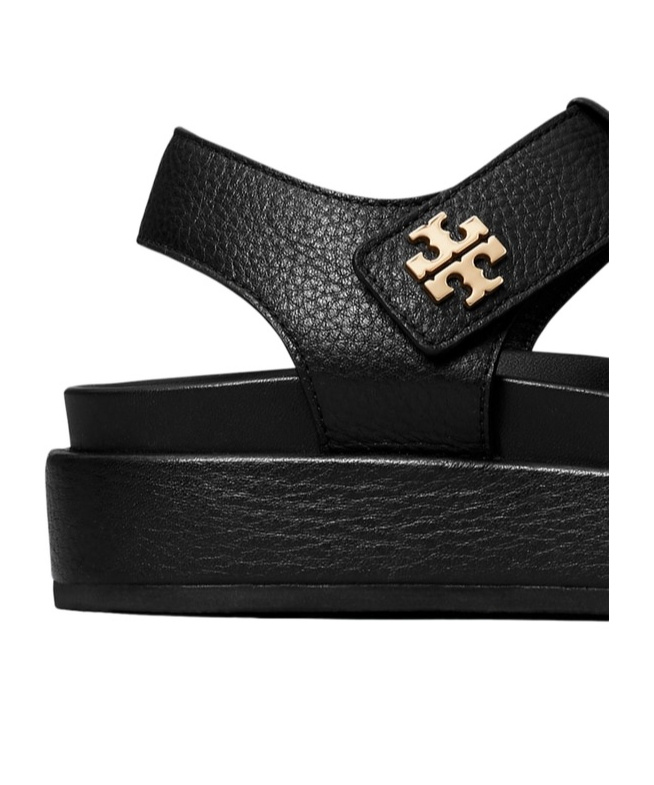 Tory Burch Kira Black Sandals With Logo Plaque In Grained Leather Woman In Black