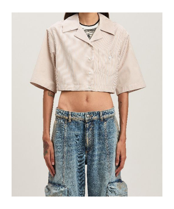 Palm Angels Crop Shirt With Beige And White Stripes With Logo