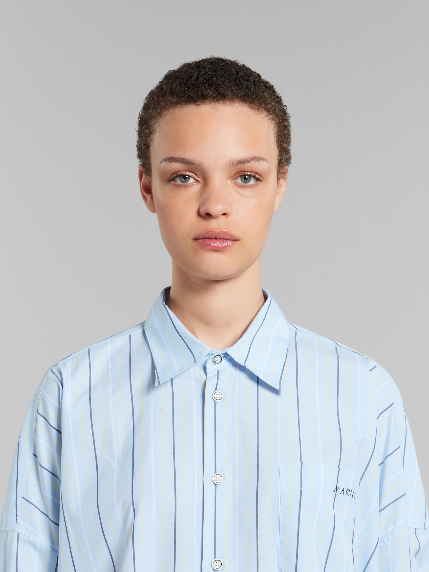 Marni Light Green Striped Bio Cotton Shirt With Low Back In Blue