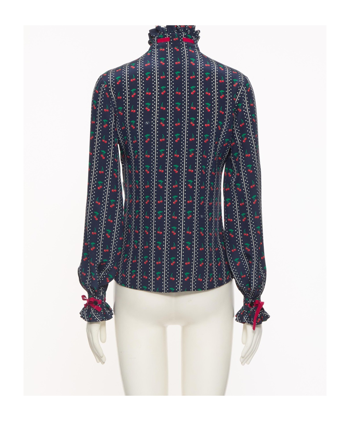 Valentino Cherry Polka-dot Striped Crepe De Chine Shirt In Black