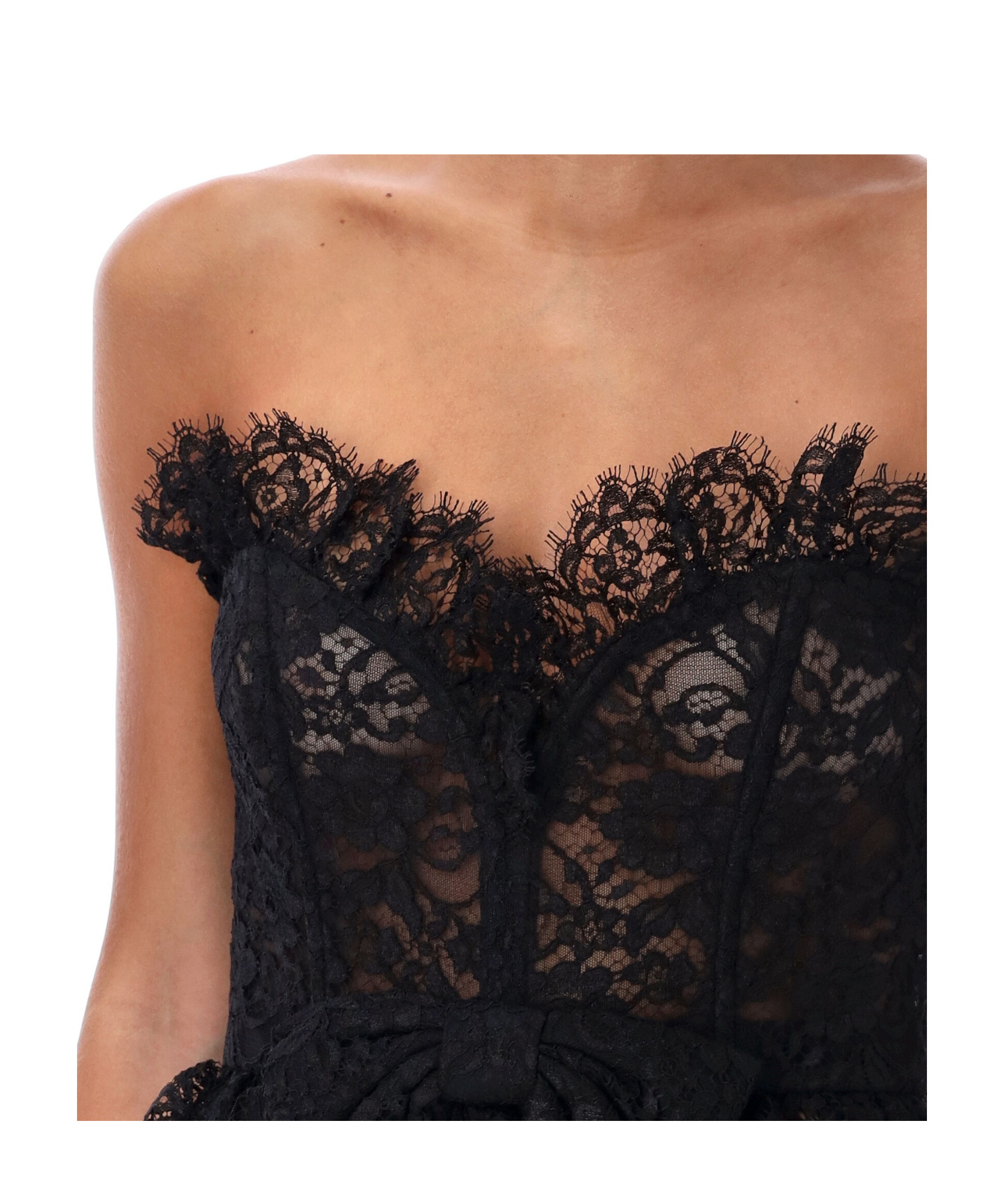 Alessandra Rich Strapless Bow-embellished Lace Bustier Top In Black