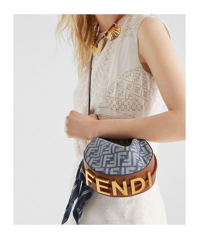 Fendi Women Mini Denim Effect Ff Jacquard Graphy Hobo Bag