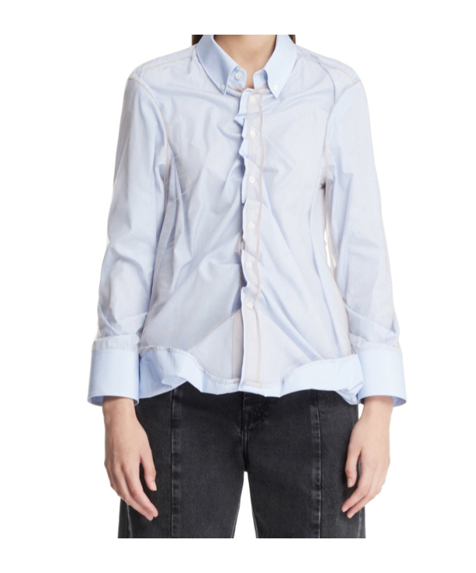 Maison Margiela Stripe Ruffle Long Sleeve Cotton Button-down Shirt In Blue