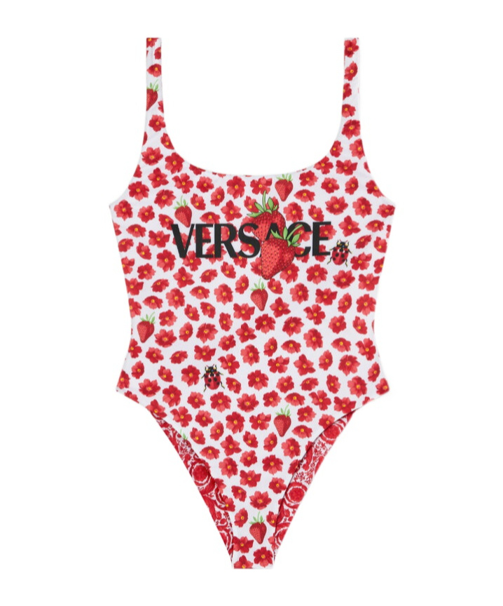 Versace Strawberry Garden Barocco Reversible One-piece Swimsuit In Red