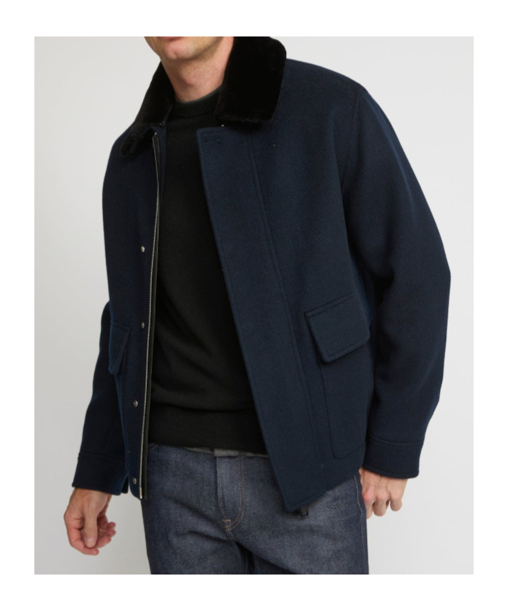 Yves Salomon Jacket In Double-sided Wool-cashmere Fabric With Mink Collar In Blue