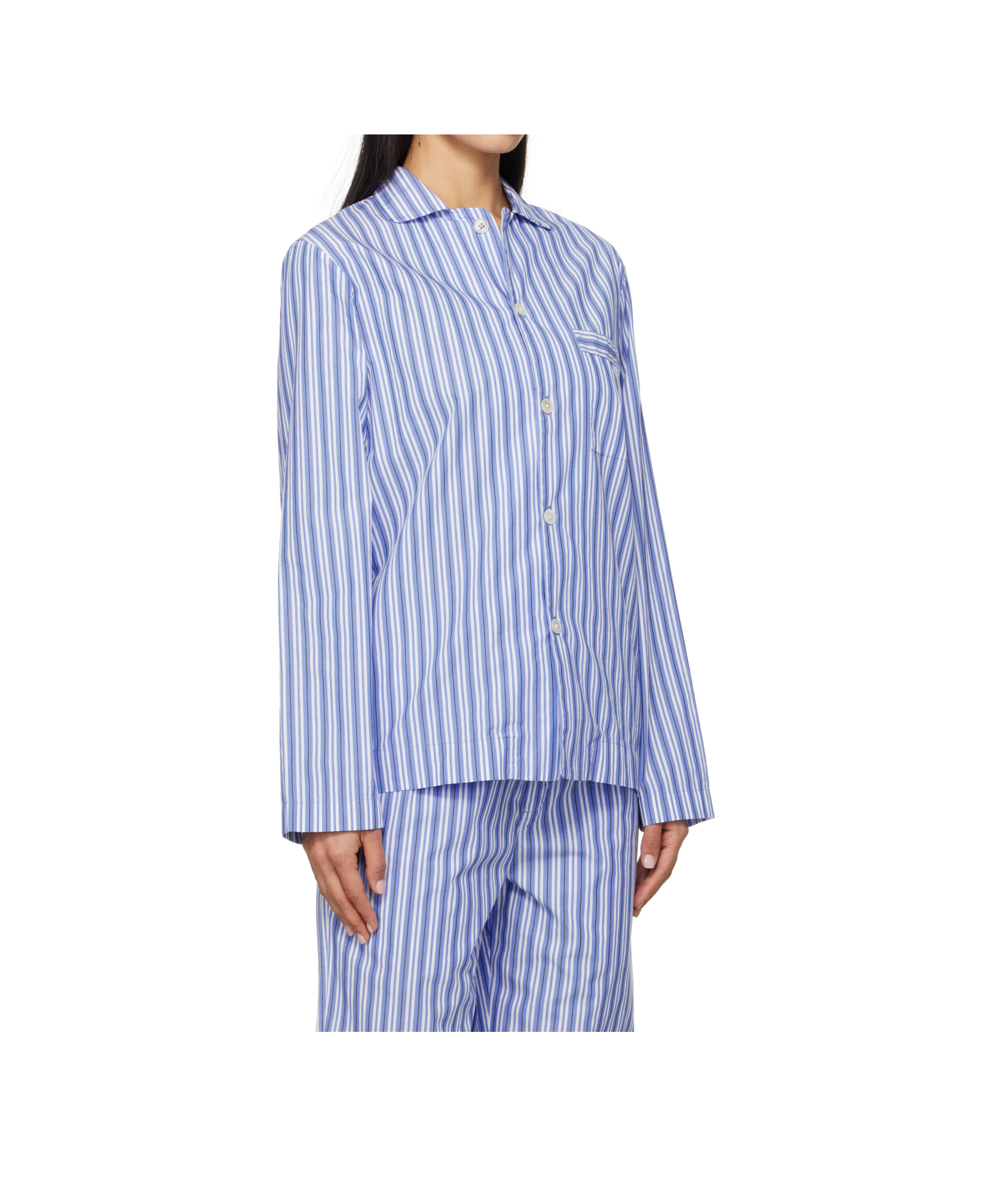Tekla White & Blue Poplin Long-sleeved Pyjama Shirt In White/blue