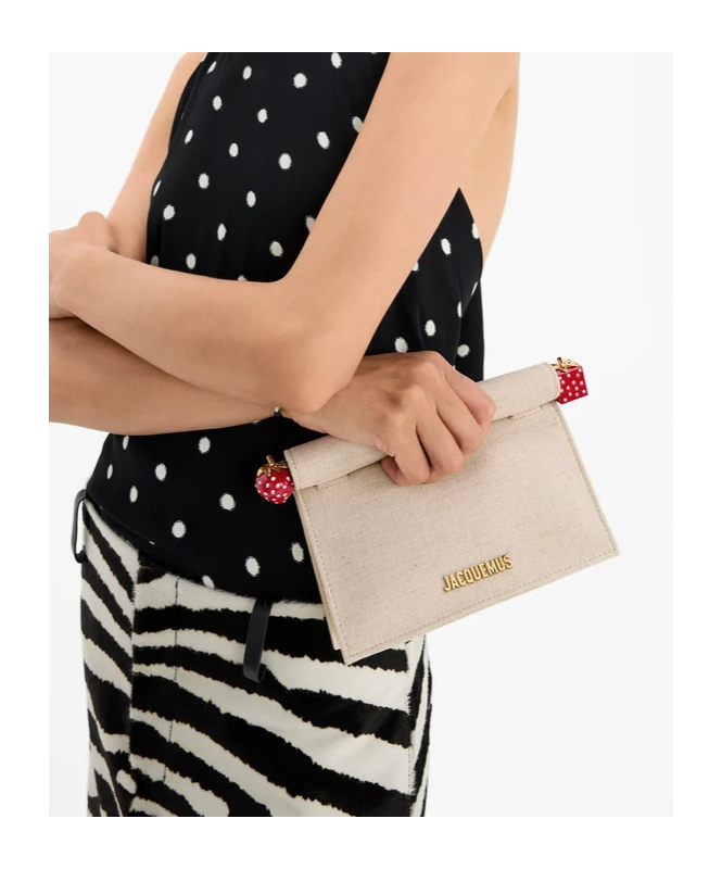 Jacquemus Pochette Small Embellished Leather-trimmed Canvas Clutch In Sand