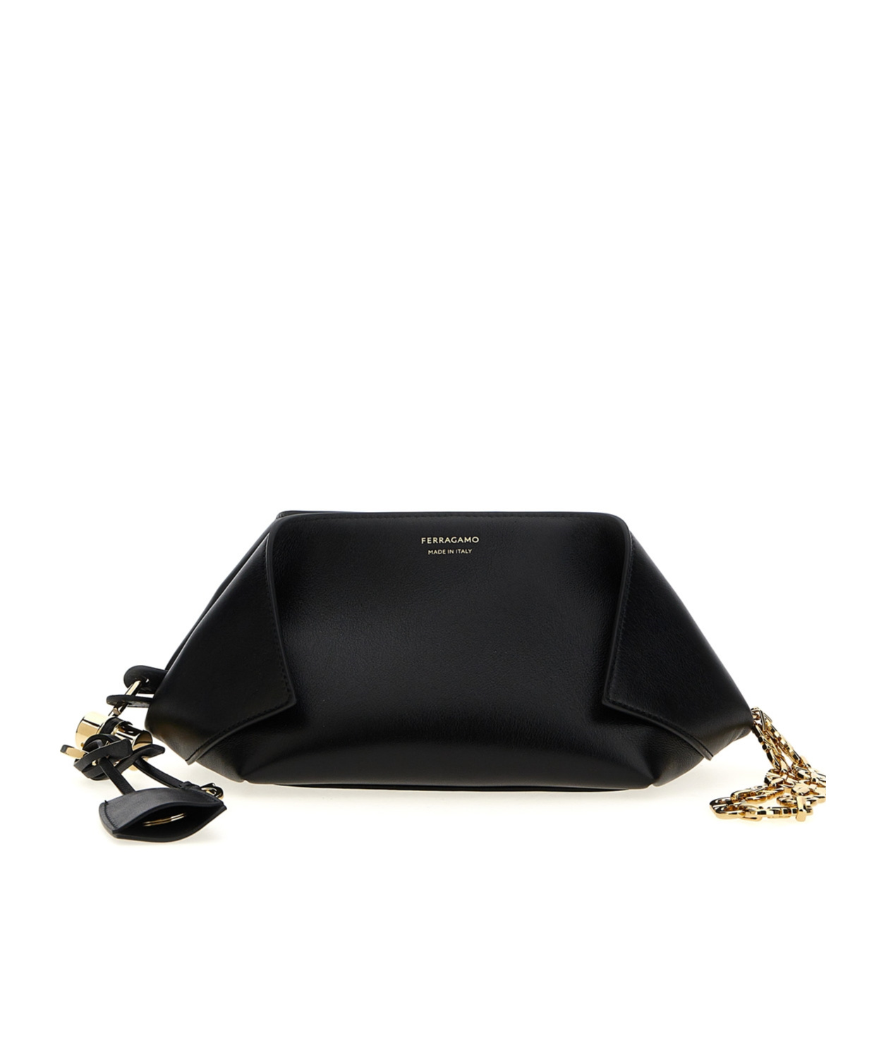 Ferragamo Chain Strap Leather Clutch With Gold-tone Hardware In Black