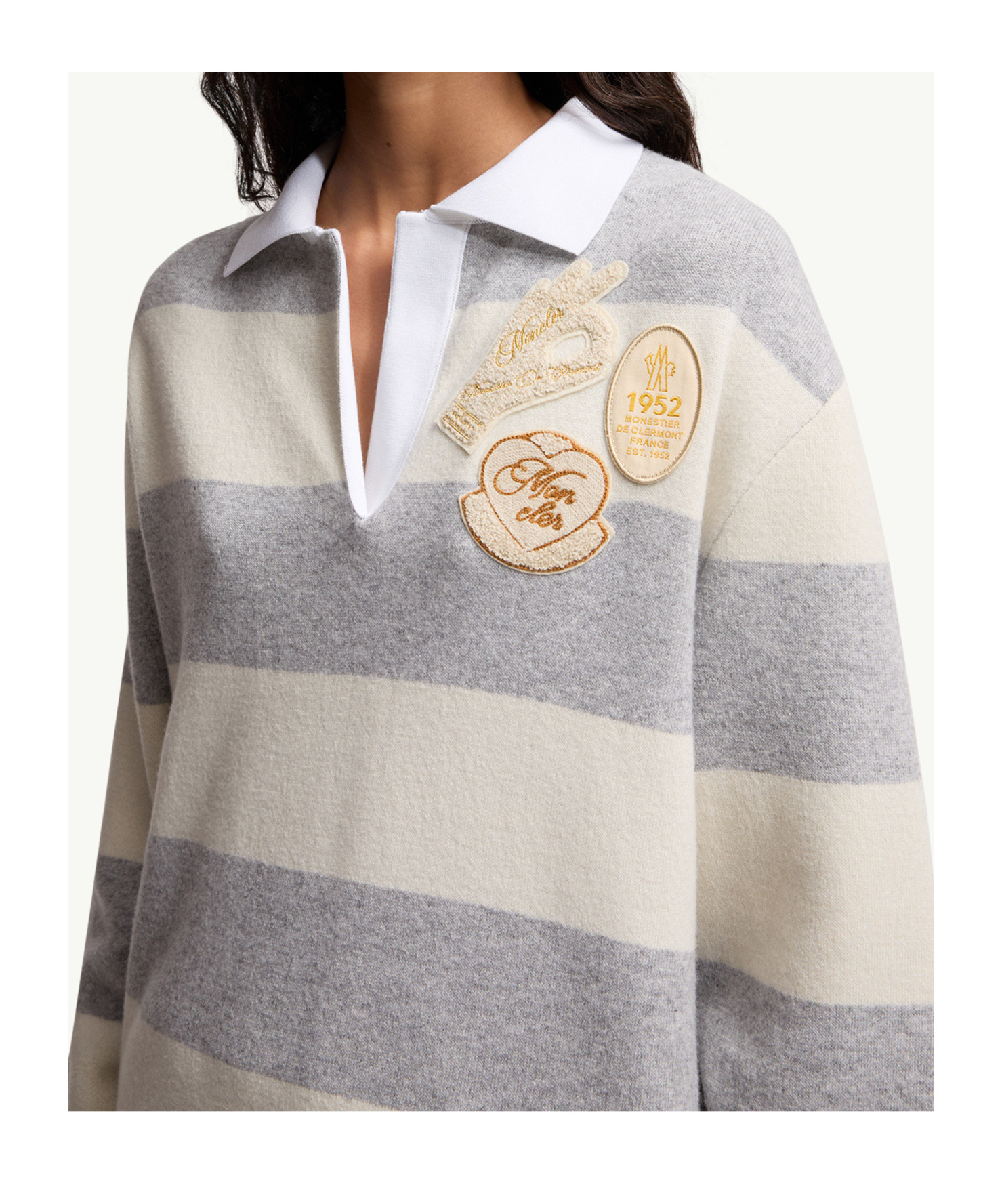 Moncler Striped Wool And Cotton-blend Polo Shirt In Gray