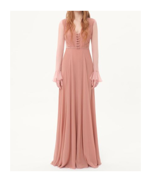 Valentino Womens Pastel Rose Shirred-bodice Sheer-sleeve Silk Gown