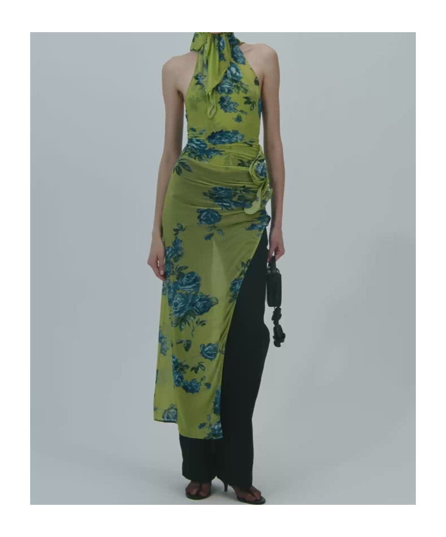 Magda Butrym High-neck Floral Applique Midi Dress In Green Print In Green
