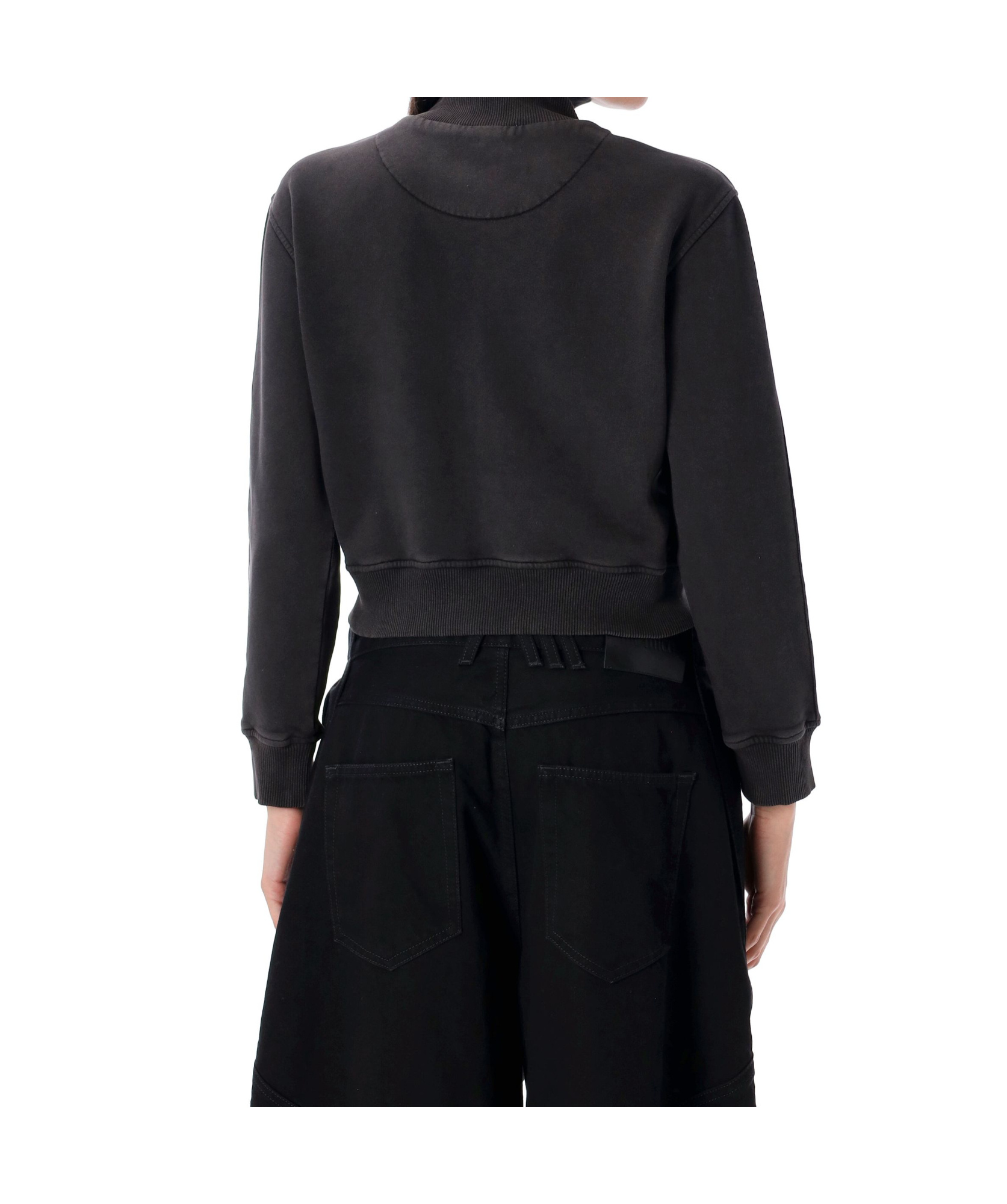 Attico Cropped Zip Fleece Ribbed Finish In Black