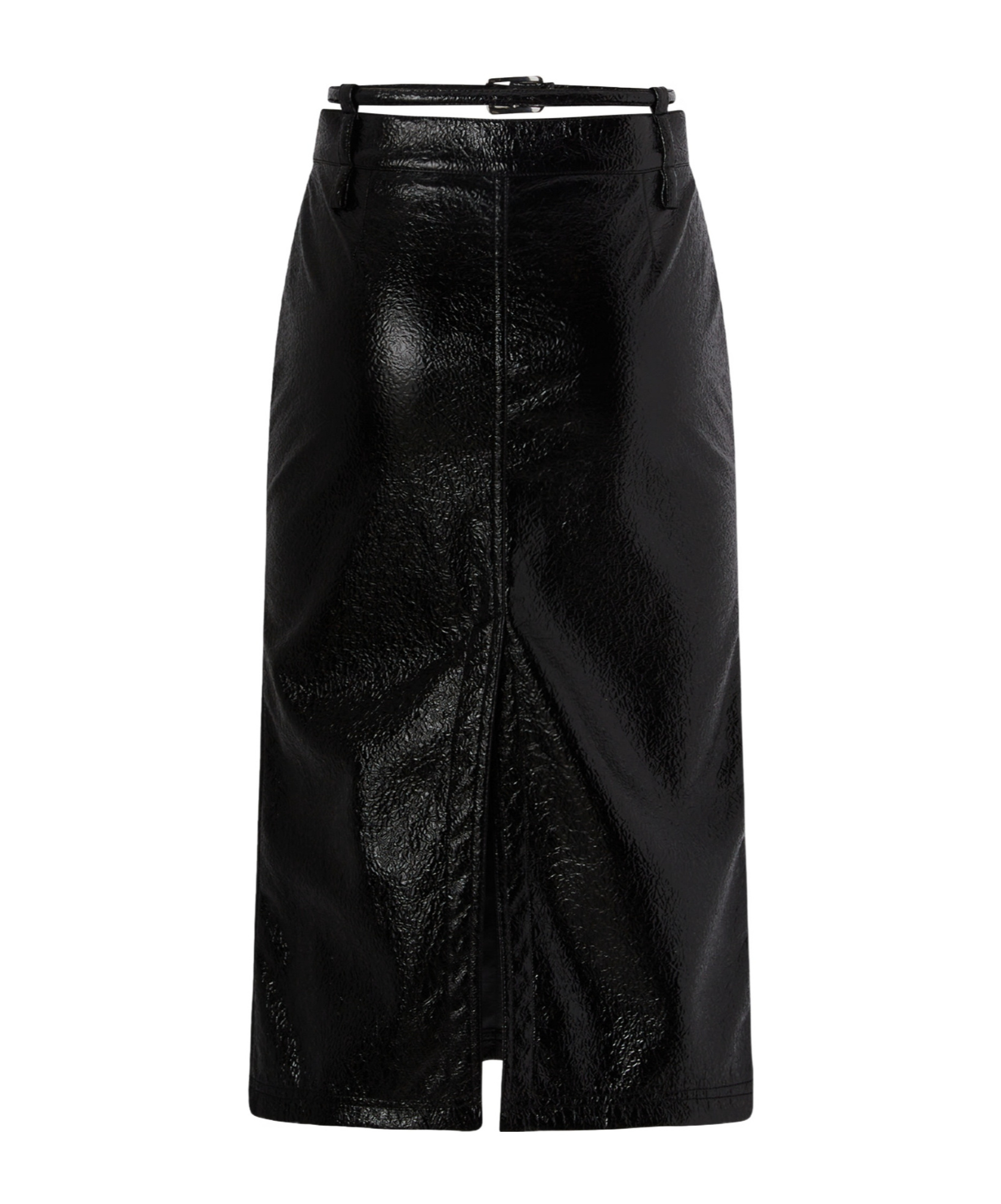 Pinko Patent-effect Calf-length Skirt With Belt In Black