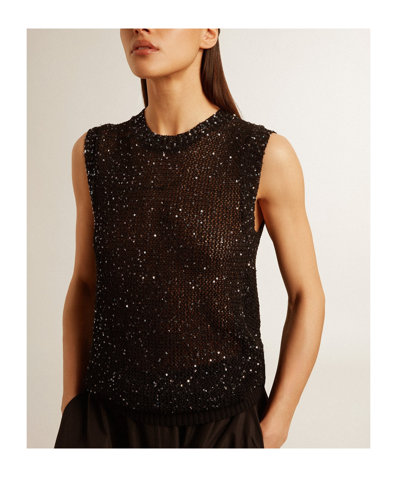 Shop Golden Goose Black Mesh Knit Top With Sequins And Contrasting Details