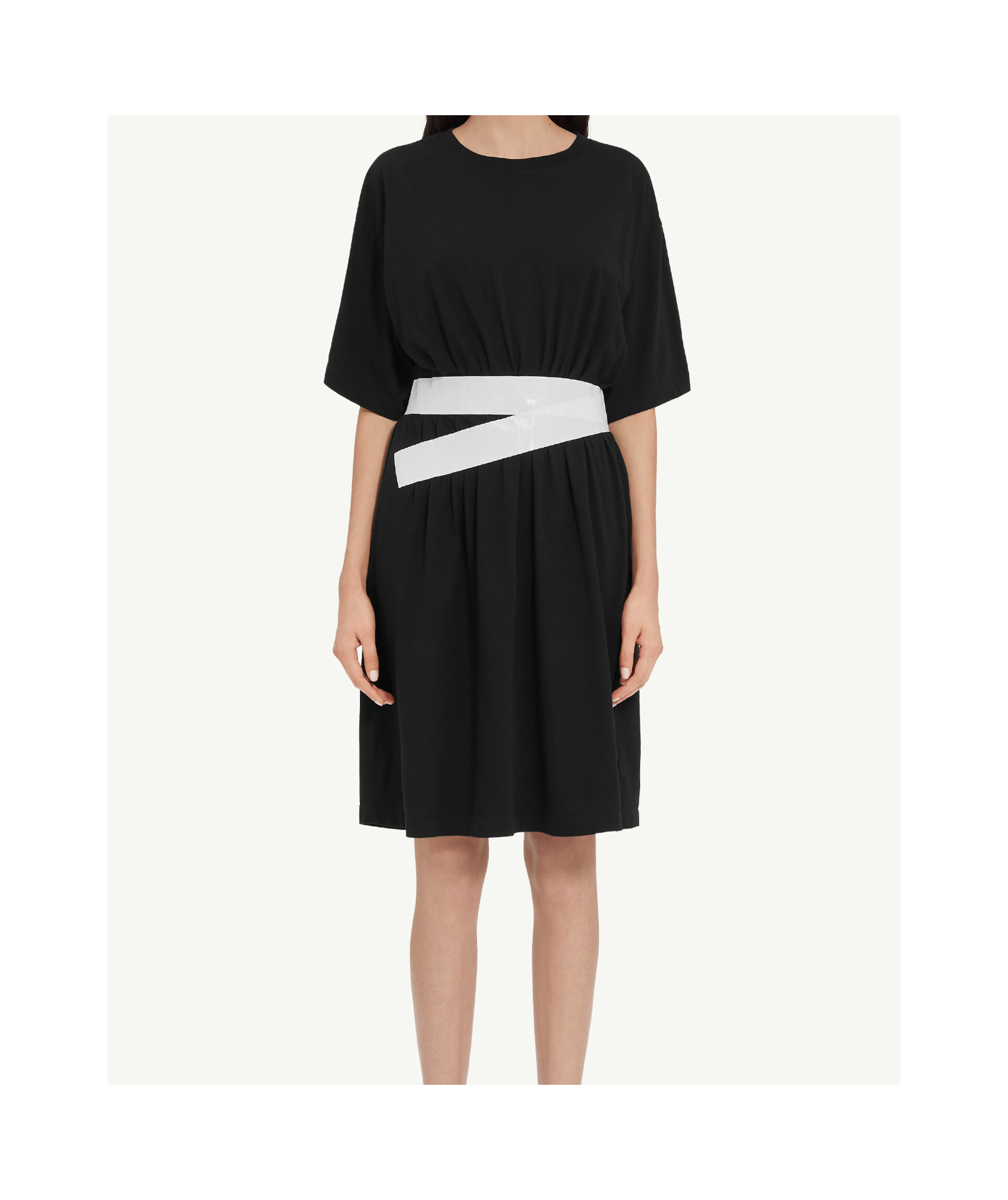 Mm6 Maison Margiela Belted Crew Neck Dress With Elastic Waistband In Black