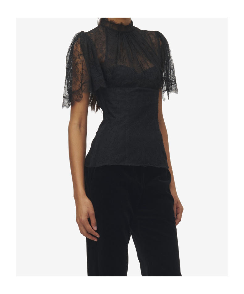 Alexander Mcqueen High Neck Sheer Lace Short Sleeve Top In Black