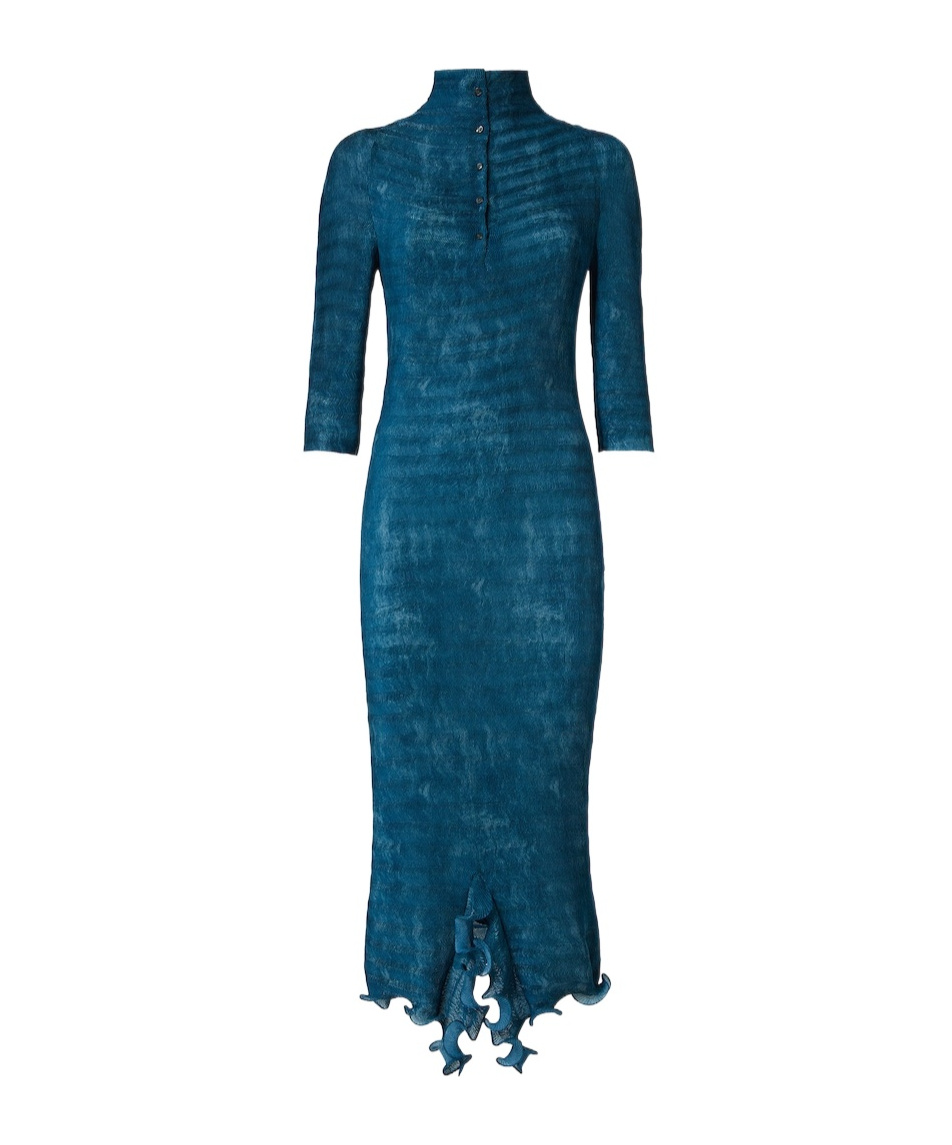 Fendi Textured High Neck Dress Ruffles In Blue