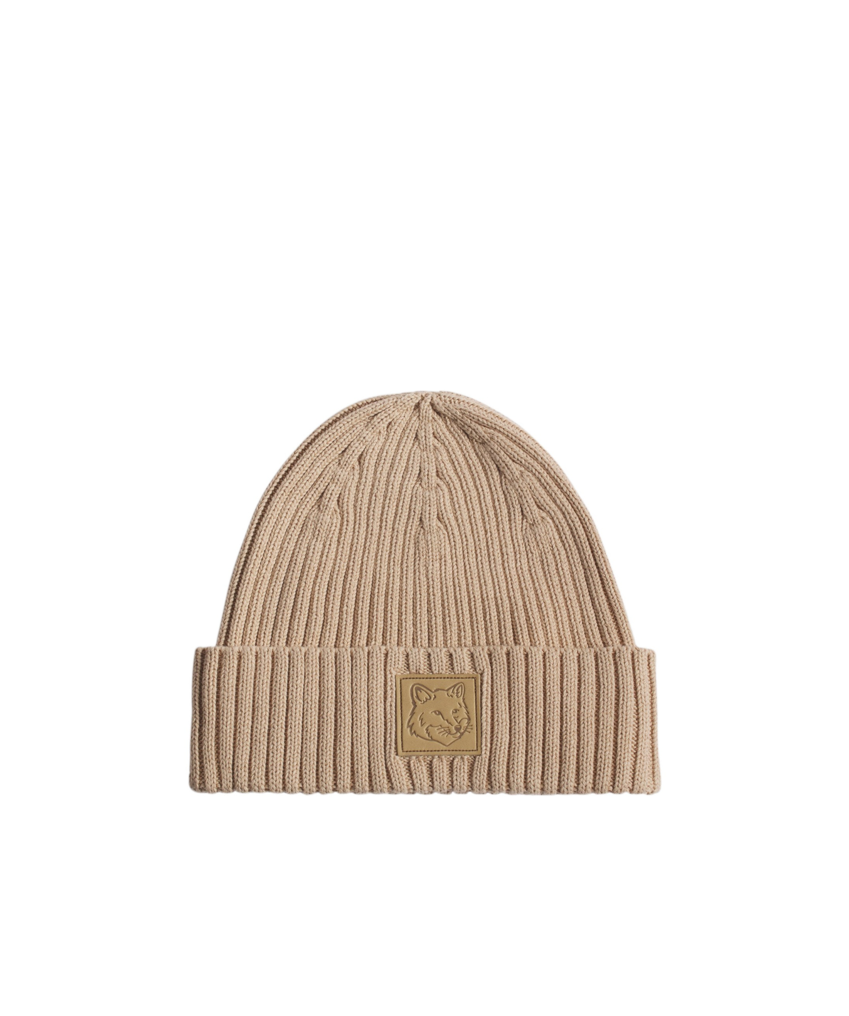 Maison Kitsuné Bold Fox Head Leather Patch Beanie In Nude