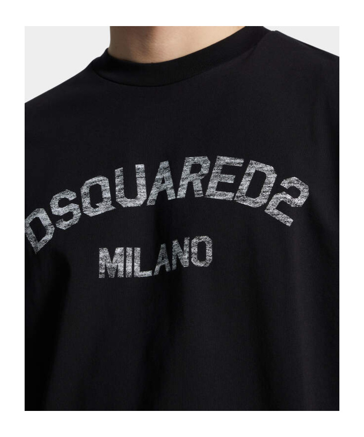 Dsquared2 Loose Fit Black Cotton T-shirt With Vintage Logo In Black