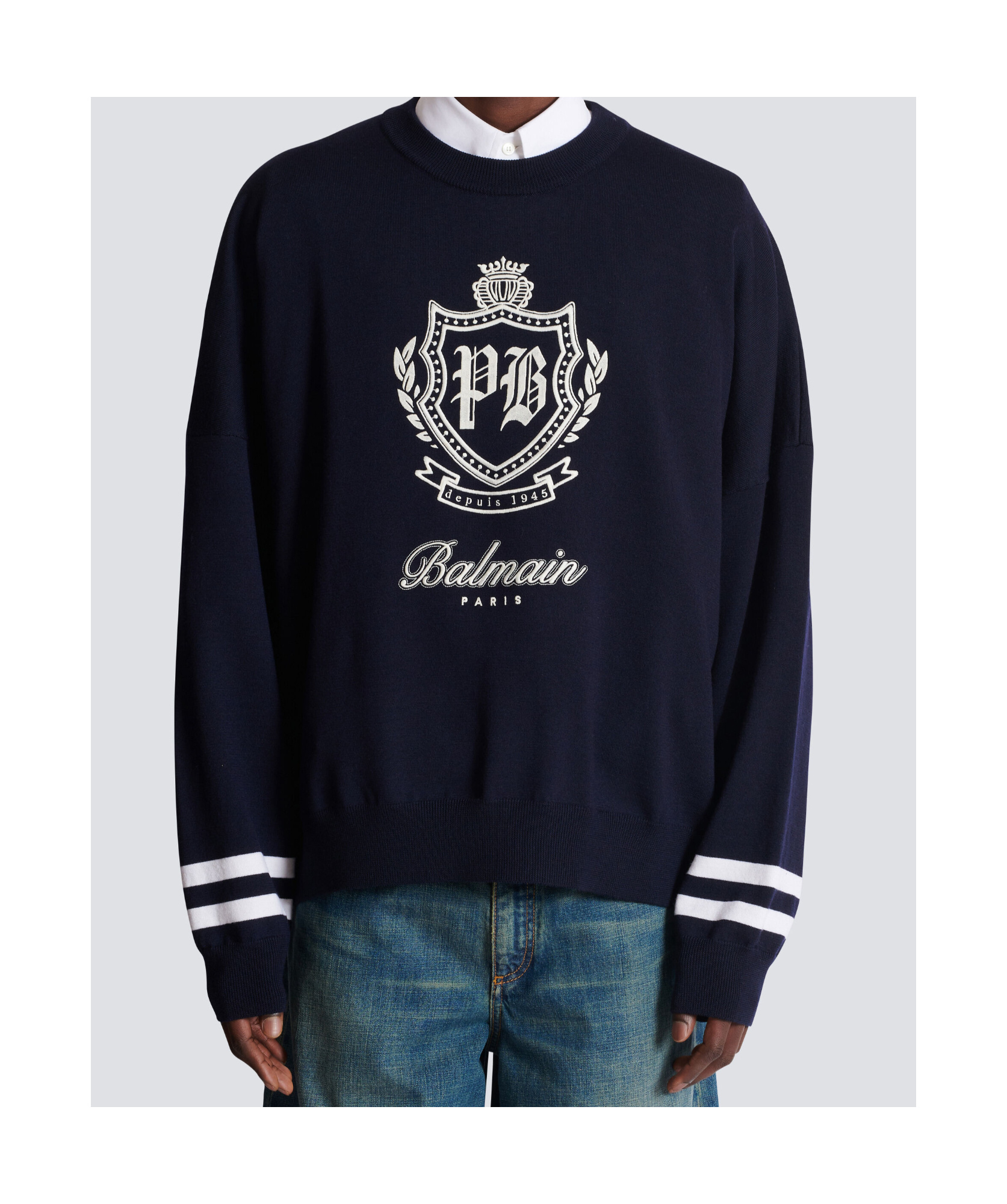 Balmain College Emblem Knit Jumper In Blue
