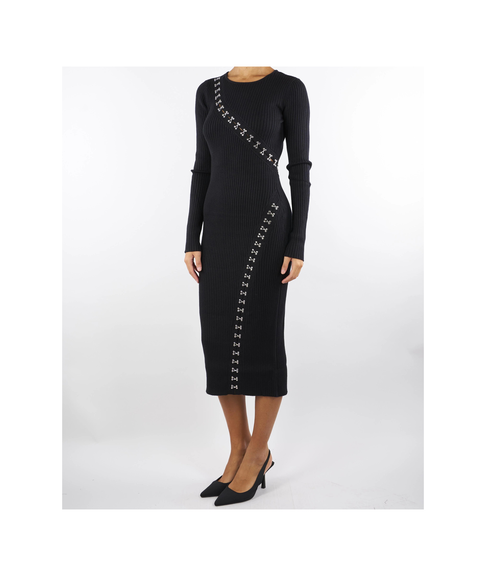 Patrizia Pepe Abito Midi Glam Rock In Maglia Nero In Black
