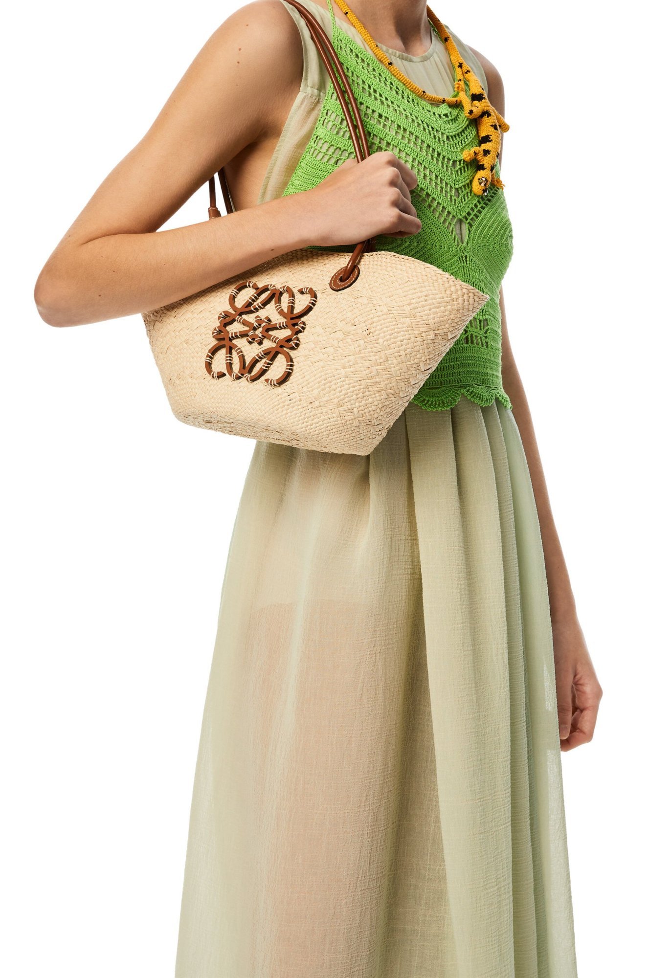 Loewe Anagram Small Iraca Palm And Leather Basket Bag In Nude