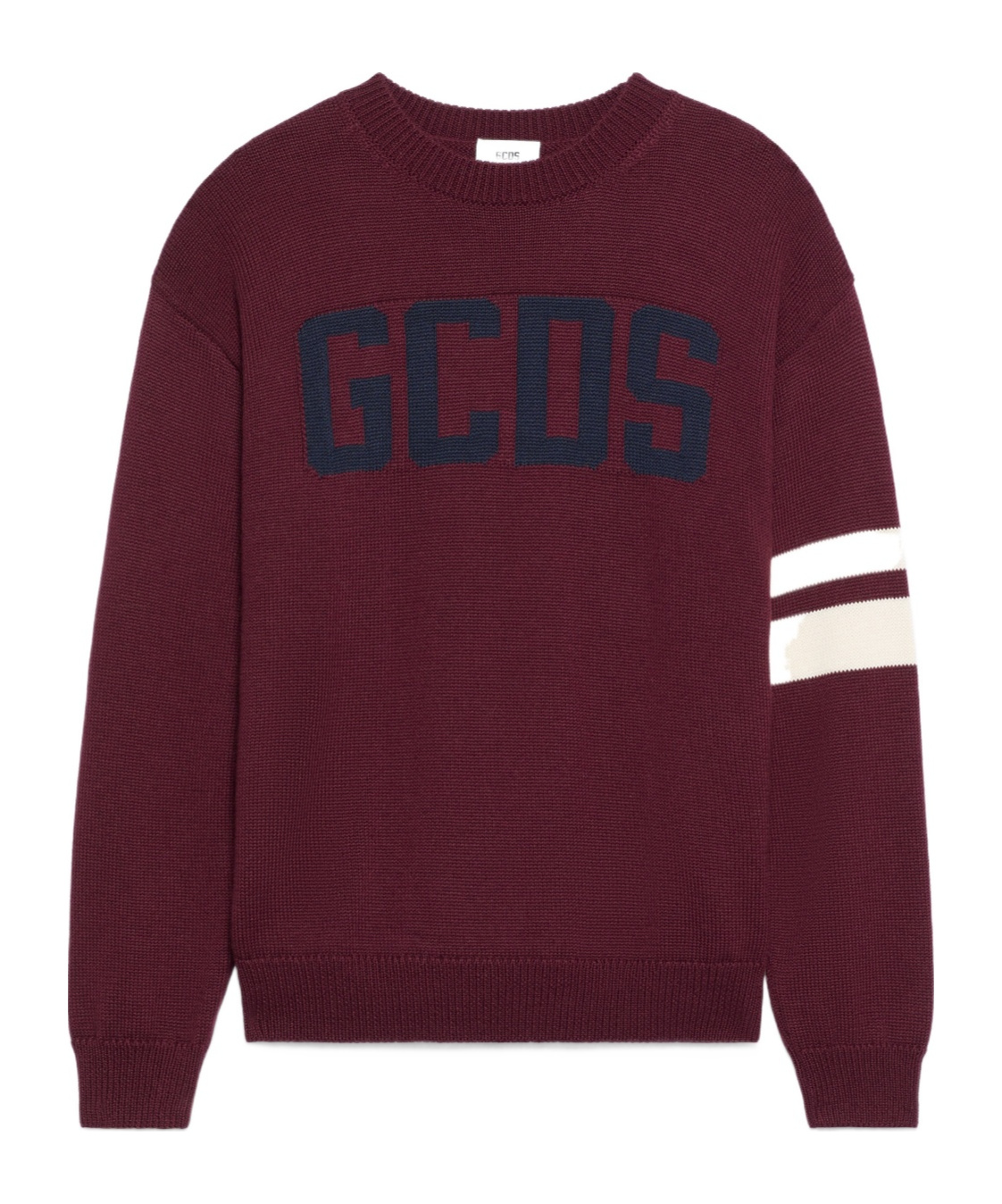 Gcds Bordeaux Knit Sweater With Navy Logo And Striped Sleeves In Burgundy