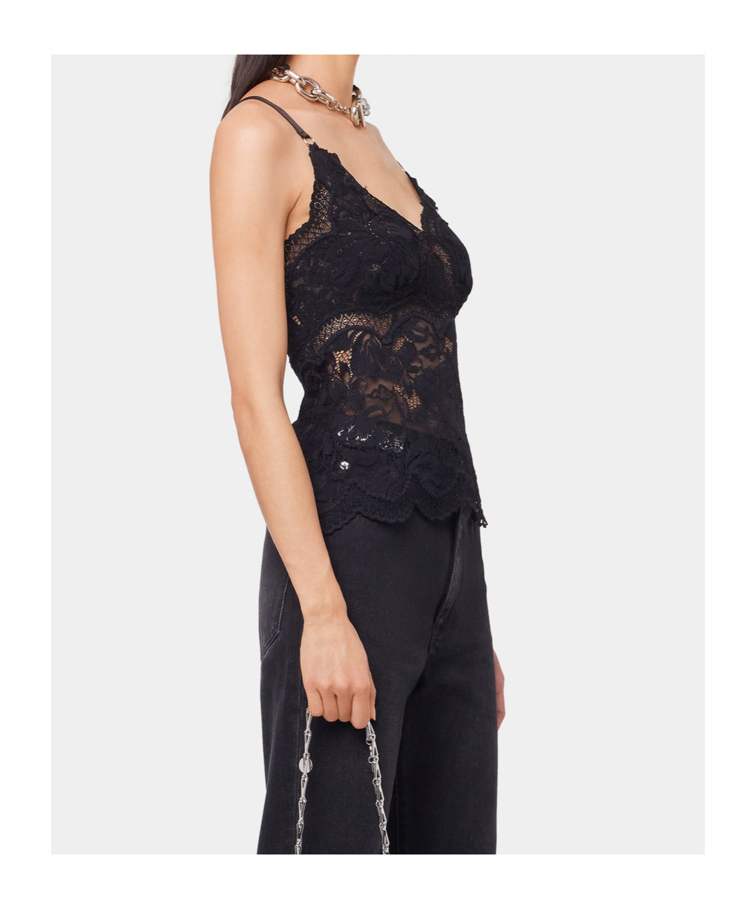 Rabanne Intricate Lace Top With Adjustable Spaghetti Straps In Black