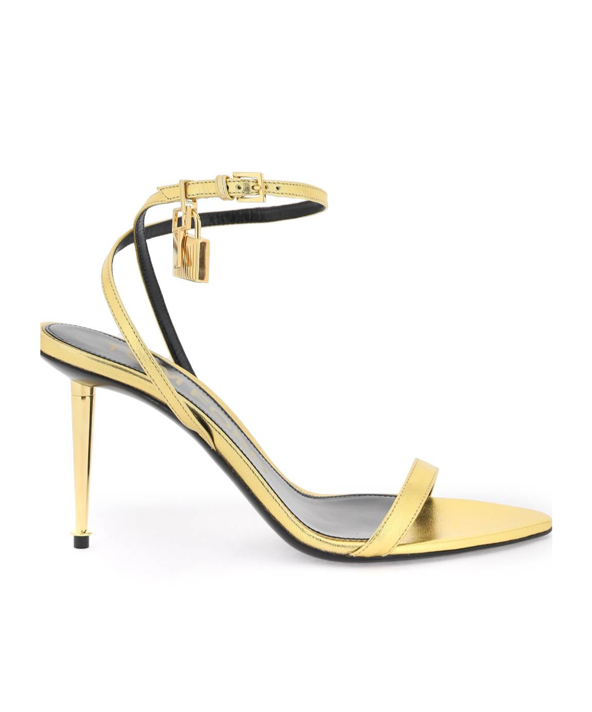 Tom Ford Gold Padlock Pointy Naked Heeled Sandals In Nude