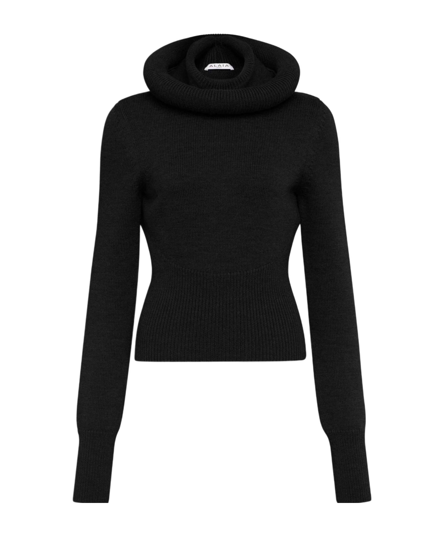 Alaïa Ribbed Sweater With Sculptural Hoodie Clothing In Black
